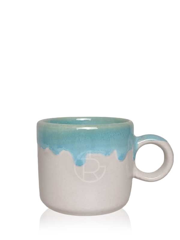 Handmade Rind Handle Ceramic Coffee Cup 130 ml Turquoise Waves on White